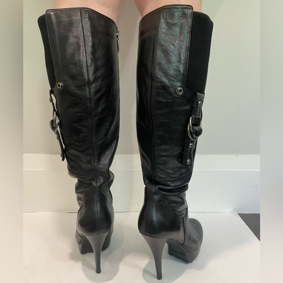 Guess Hearne Black Leather Knee-High Stiletto Boots Size 7.5 calf panel - Picture 5 of 16